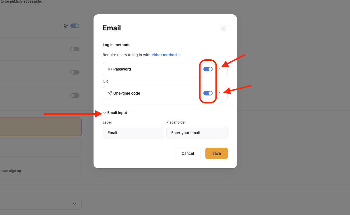 The email signup setup modal allows you to toggle on various options and customize labels and user messaging.