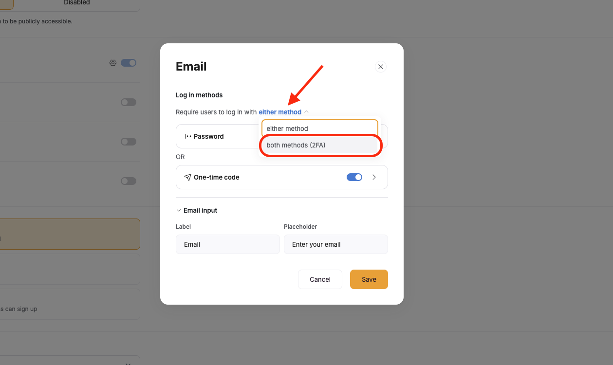 Enable password and one-time code options to access 2FA capability.
