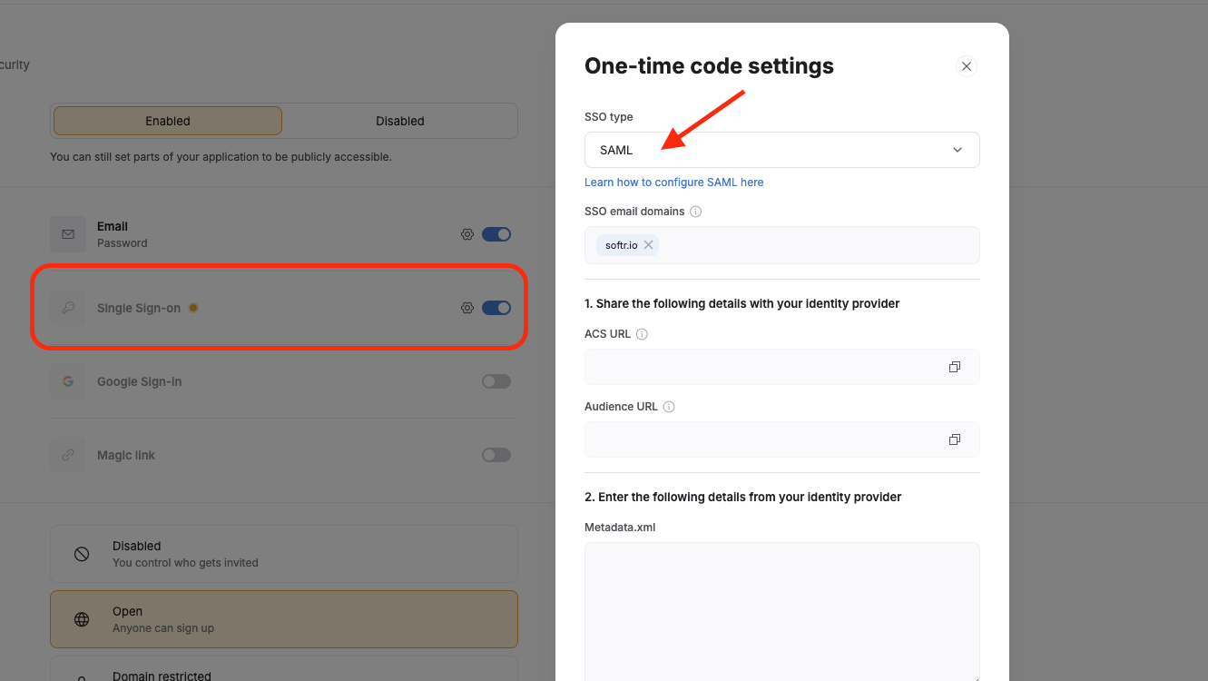 Toggling on SSO gives access to the SSO setup modal, where you can setup your configuration.