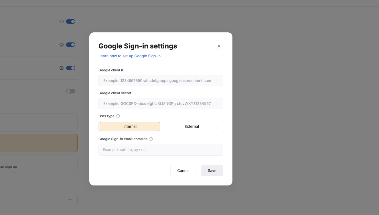 Toggle on Google Sign-in to connect Google to your Softr app and let people signup/login with their Google accounts.