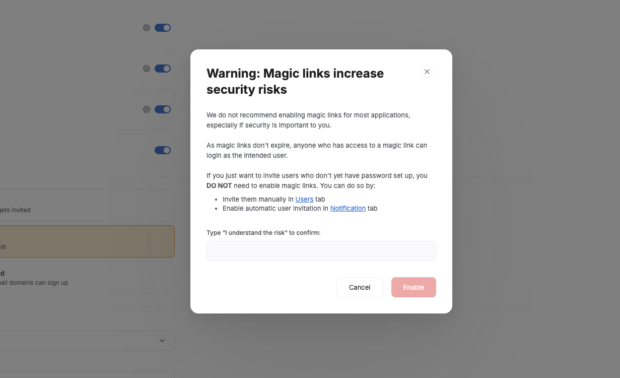 Confirm you understand the risks in order to use magic links.