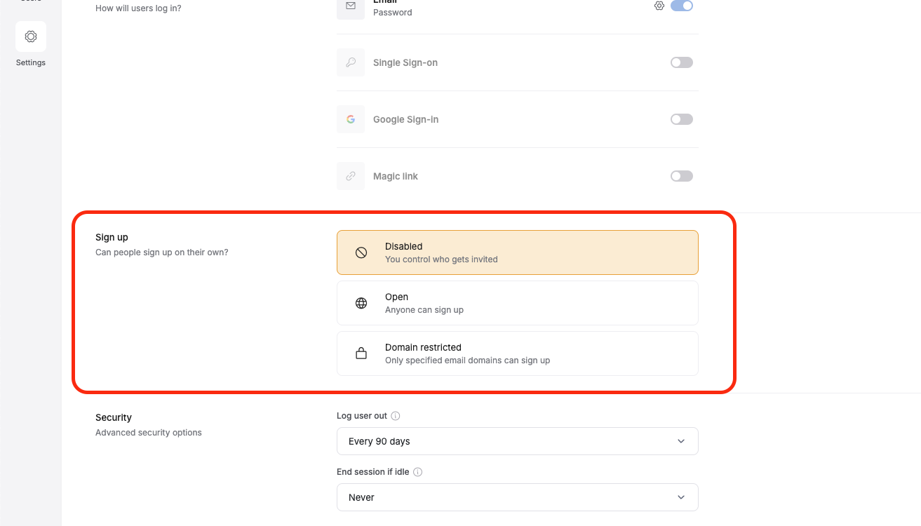 Choose if and how people should be allowed to sign-up to your app.