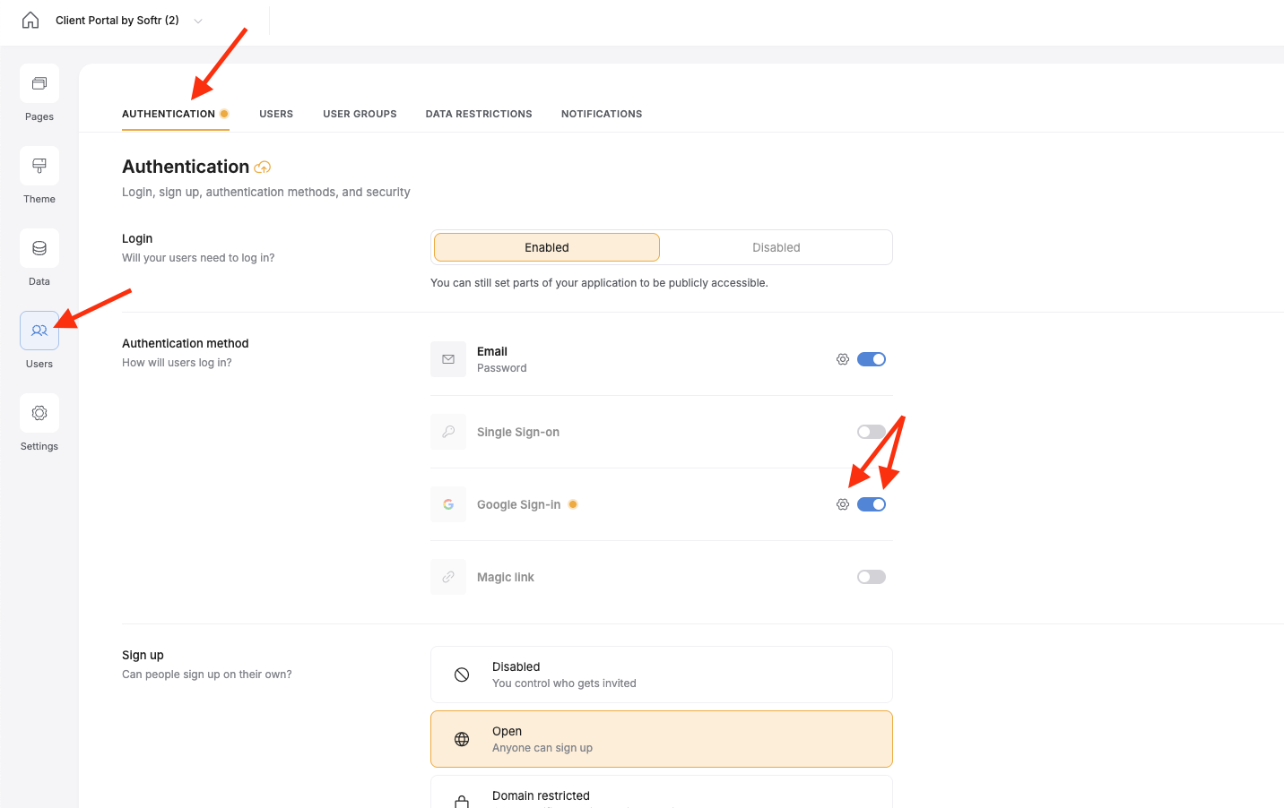 Turn on the Google Sign-in toggle, the click the gear icon.