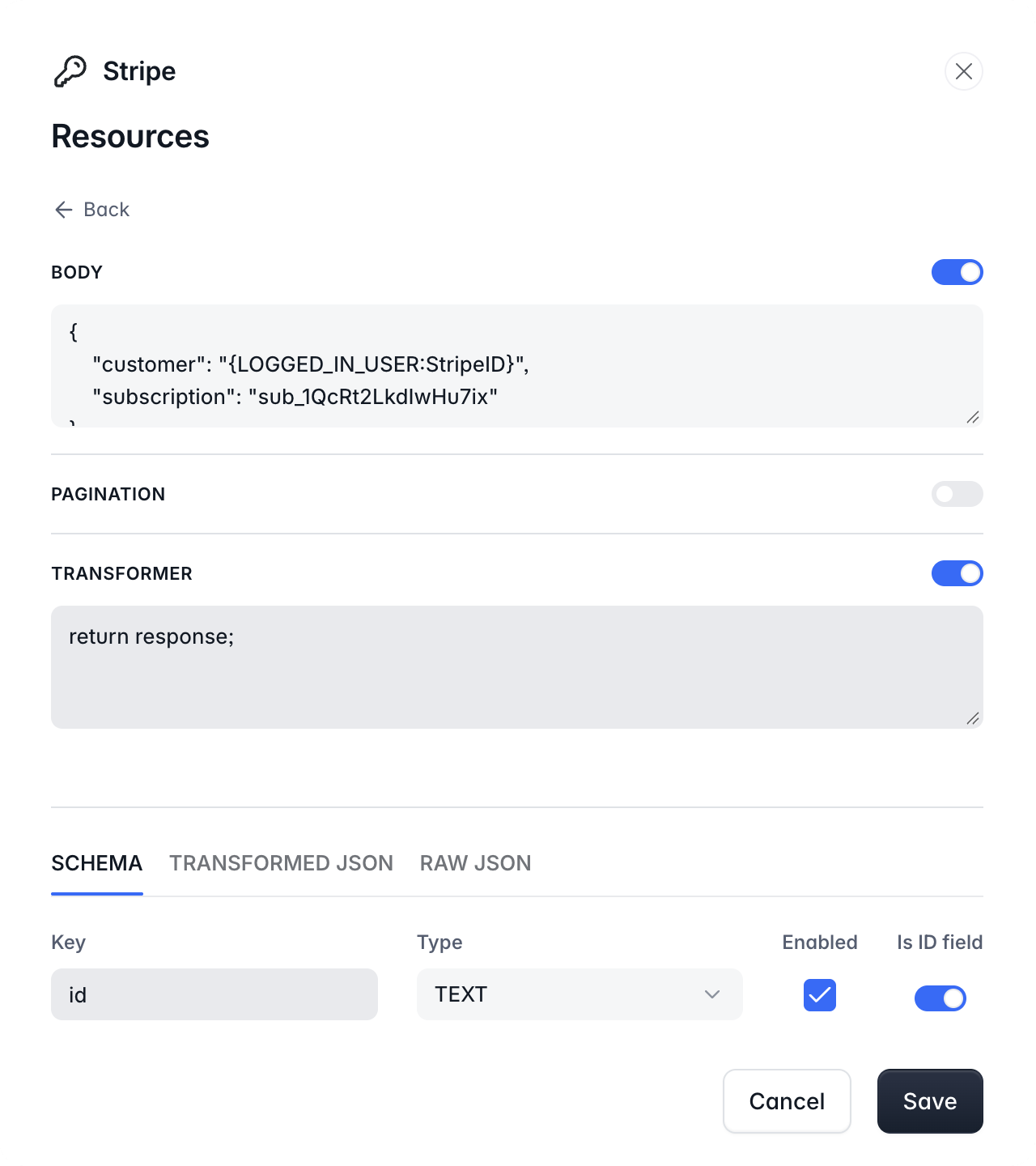 The Body section of a POST resource that previews the next Stripe invoice