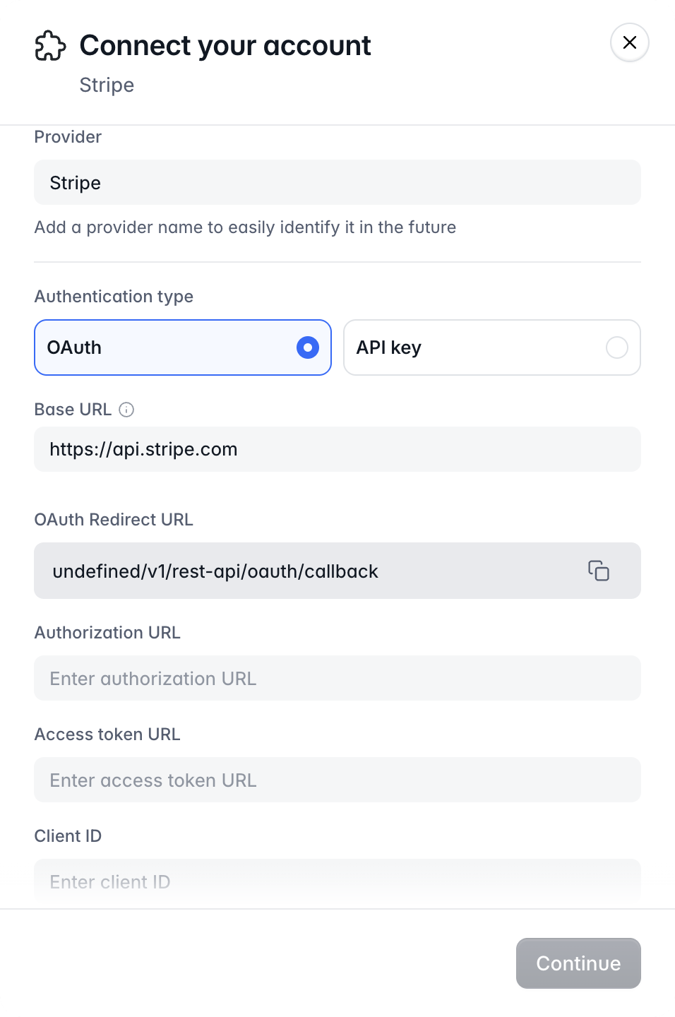 The Connect your account window with OAuth selected