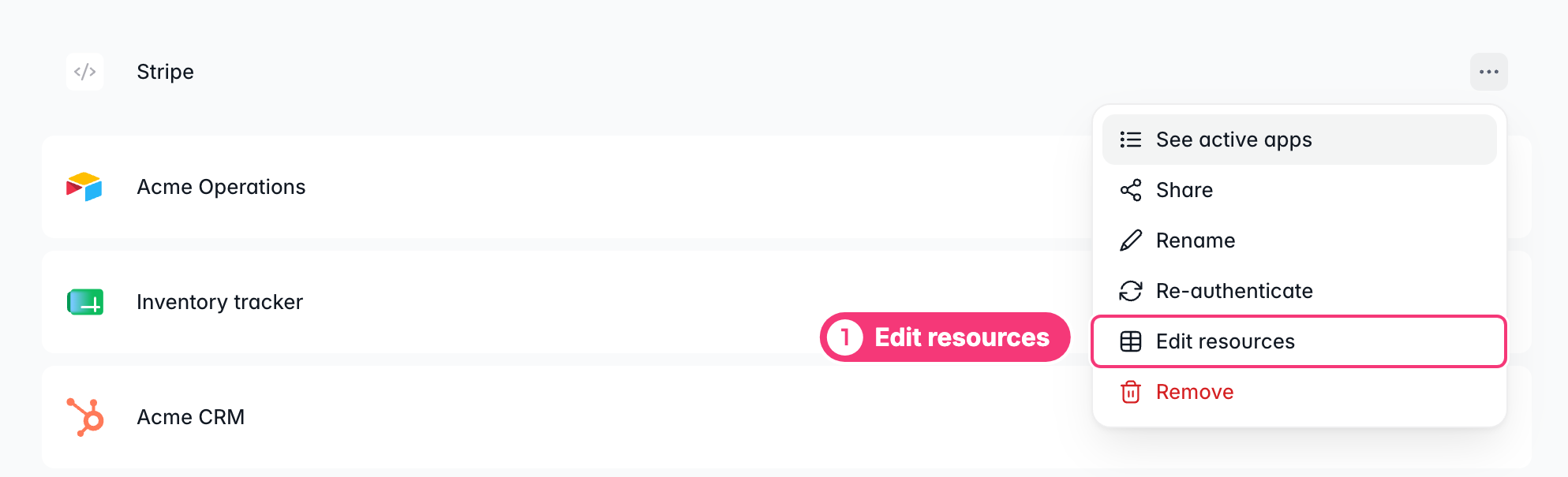 The menu of a REST API integration, with Edit resources