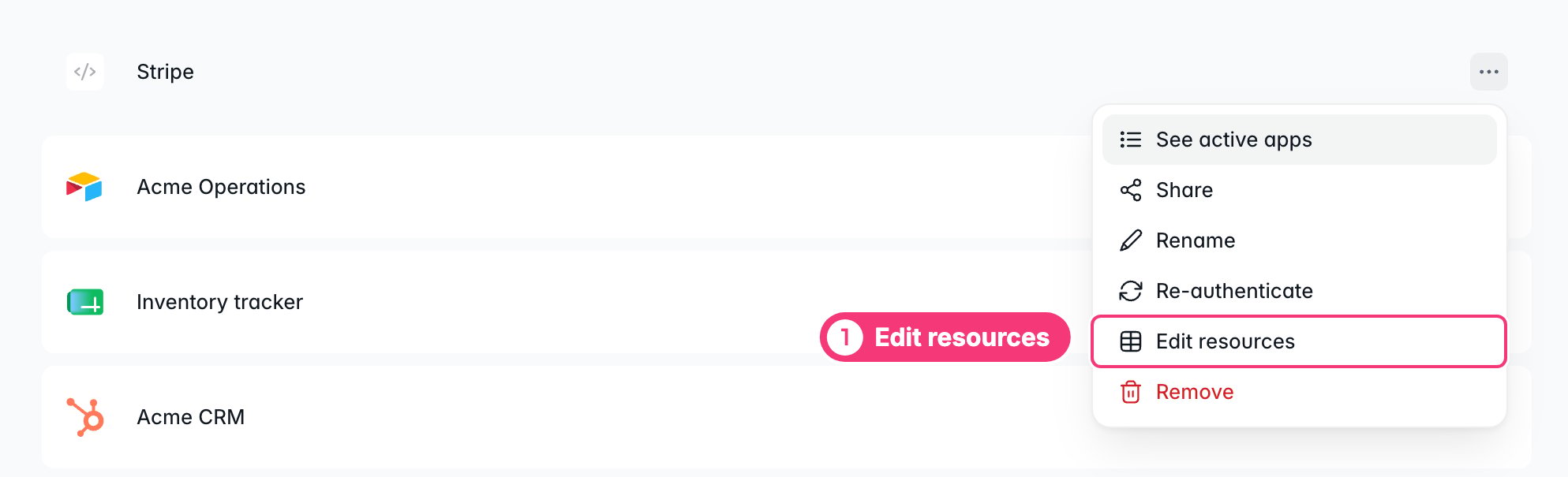The menu of a REST API integration, with Edit resources