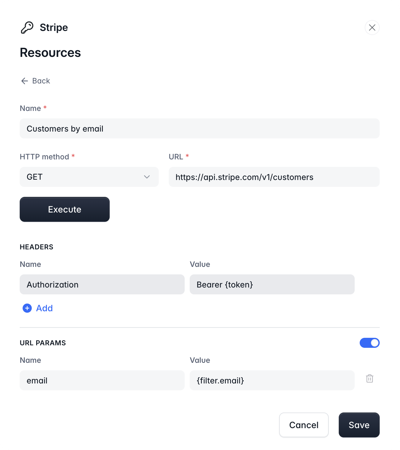 A resource that sends the filter.email placeholder in a URL param
