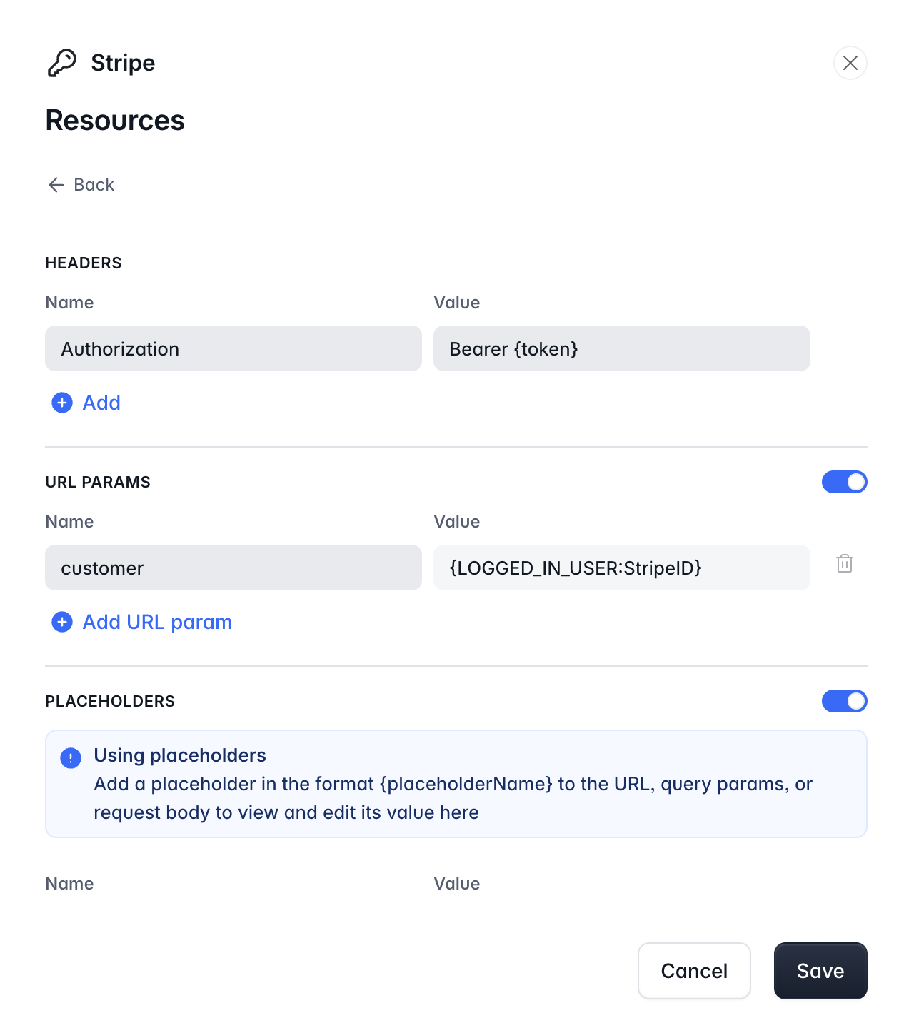 The Headers and URL params sections of a resource