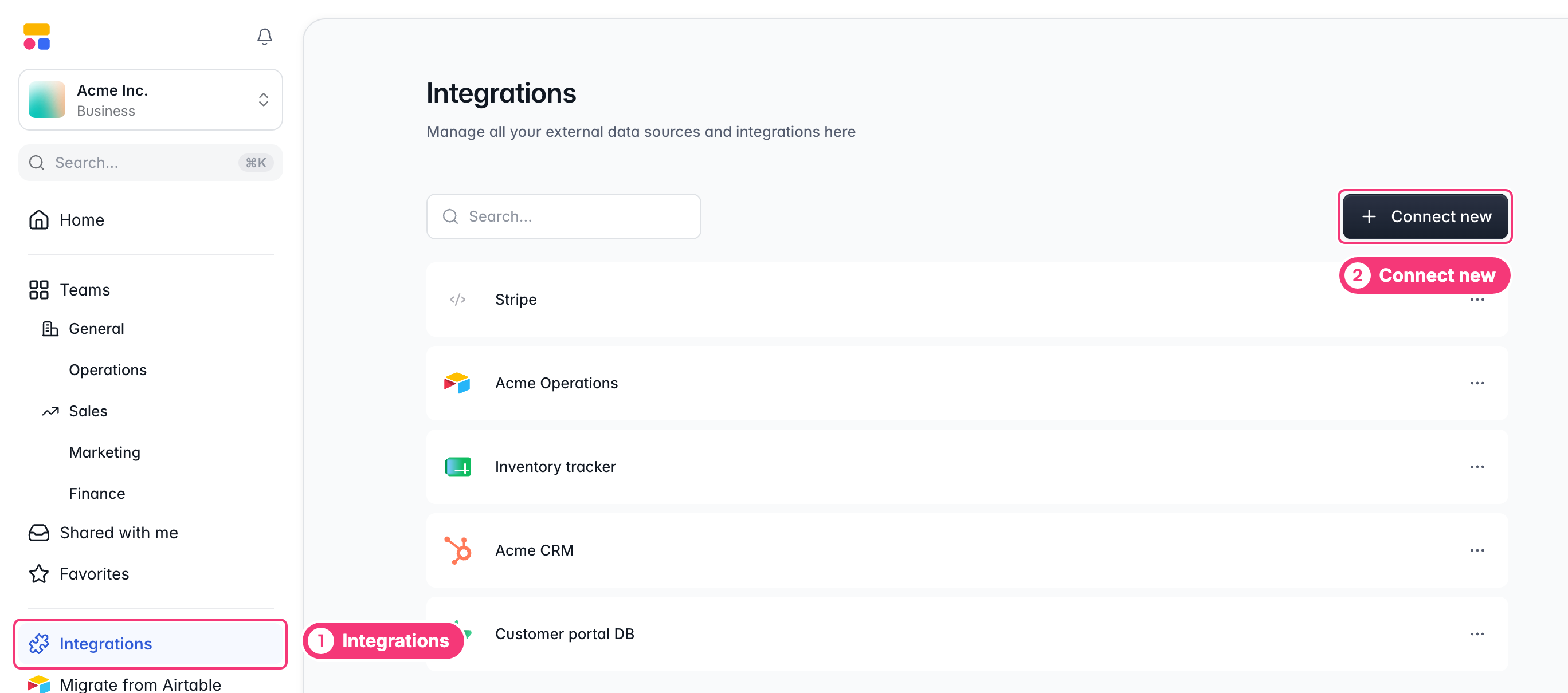 The Integrations page of the dashboard, with the Connect new button