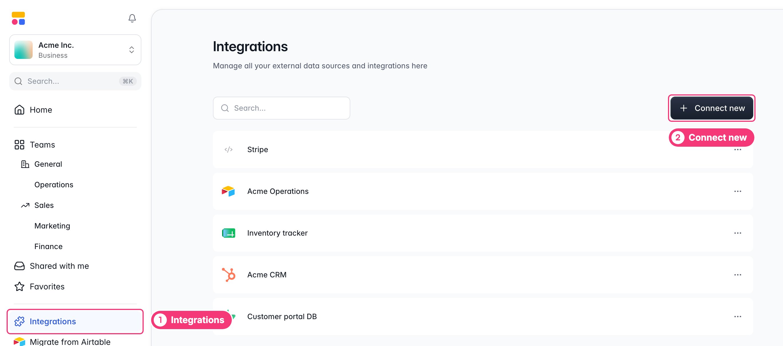 The Integrations page of the dashboard, with the Connect new button