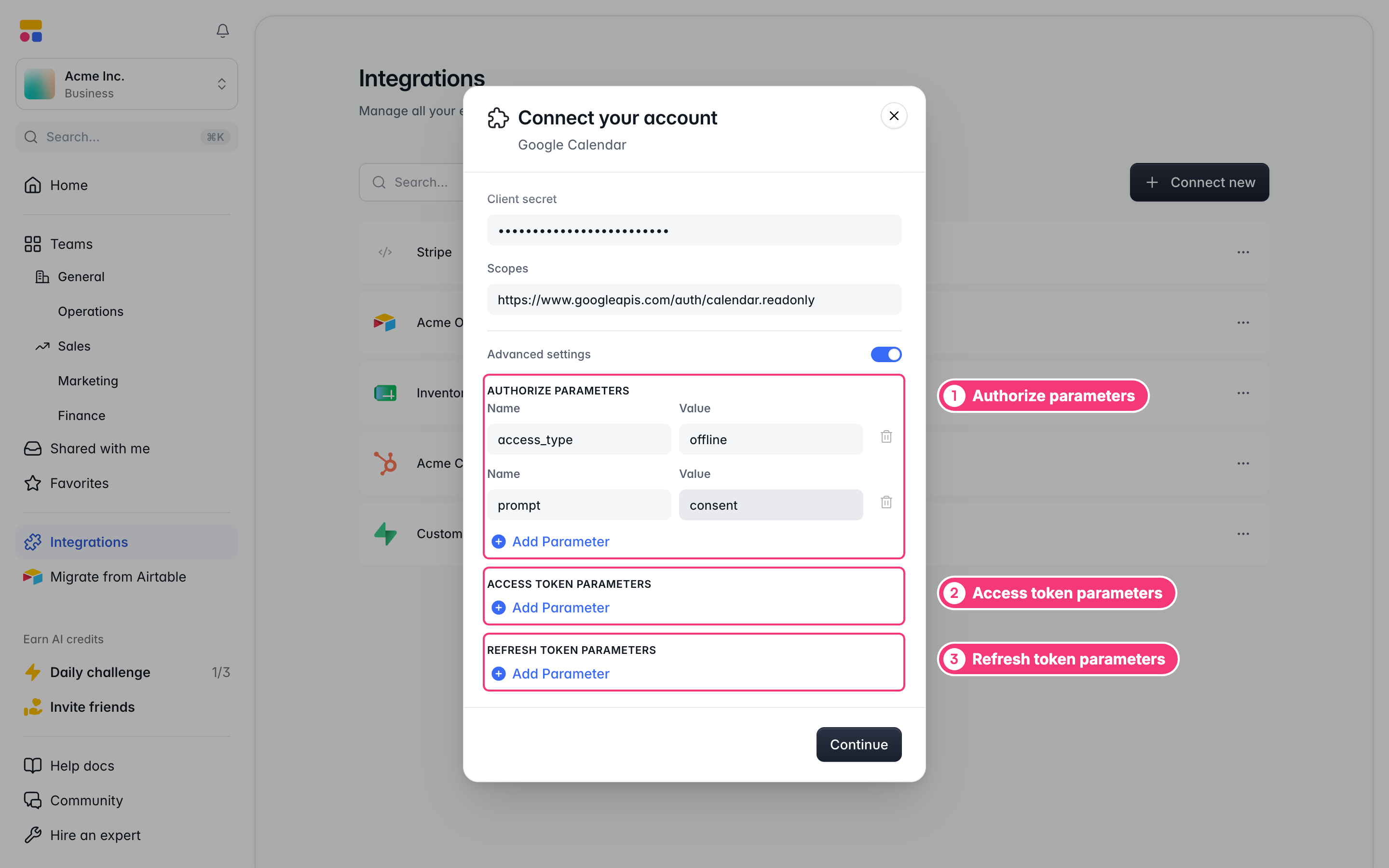 OAuth advanced settings with the access_type and prompt authorize parameters for Google