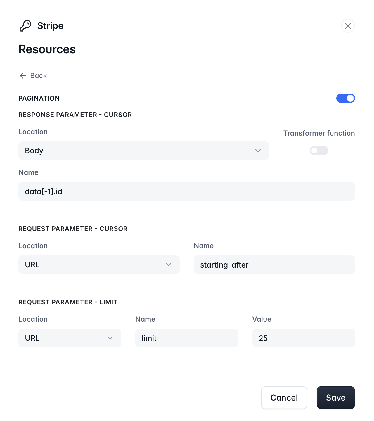 The Pagination section with the cursor and limit parameters for Stripe