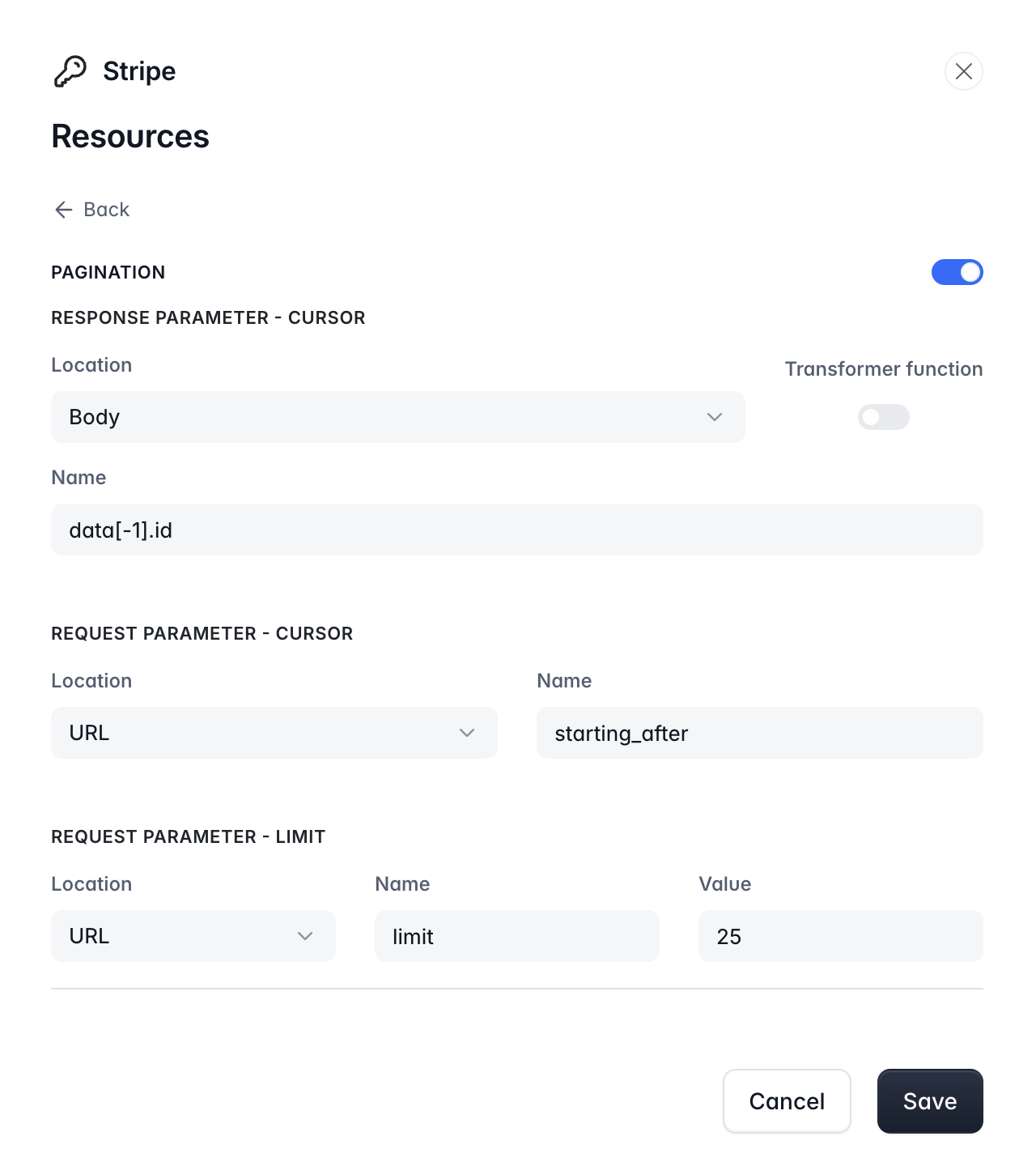 The Pagination section with the cursor and limit parameters for Stripe