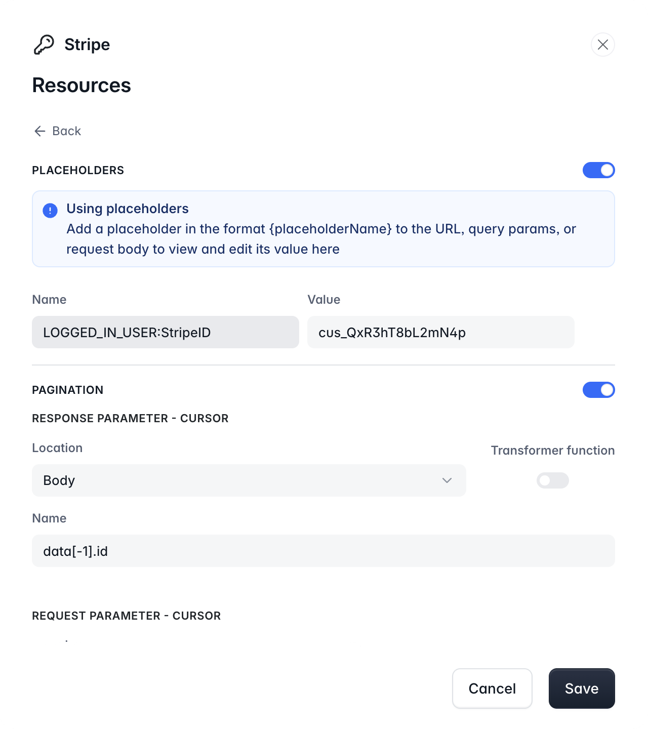 The Placeholders section with a sample value for the logged-in user's Stripe ID
