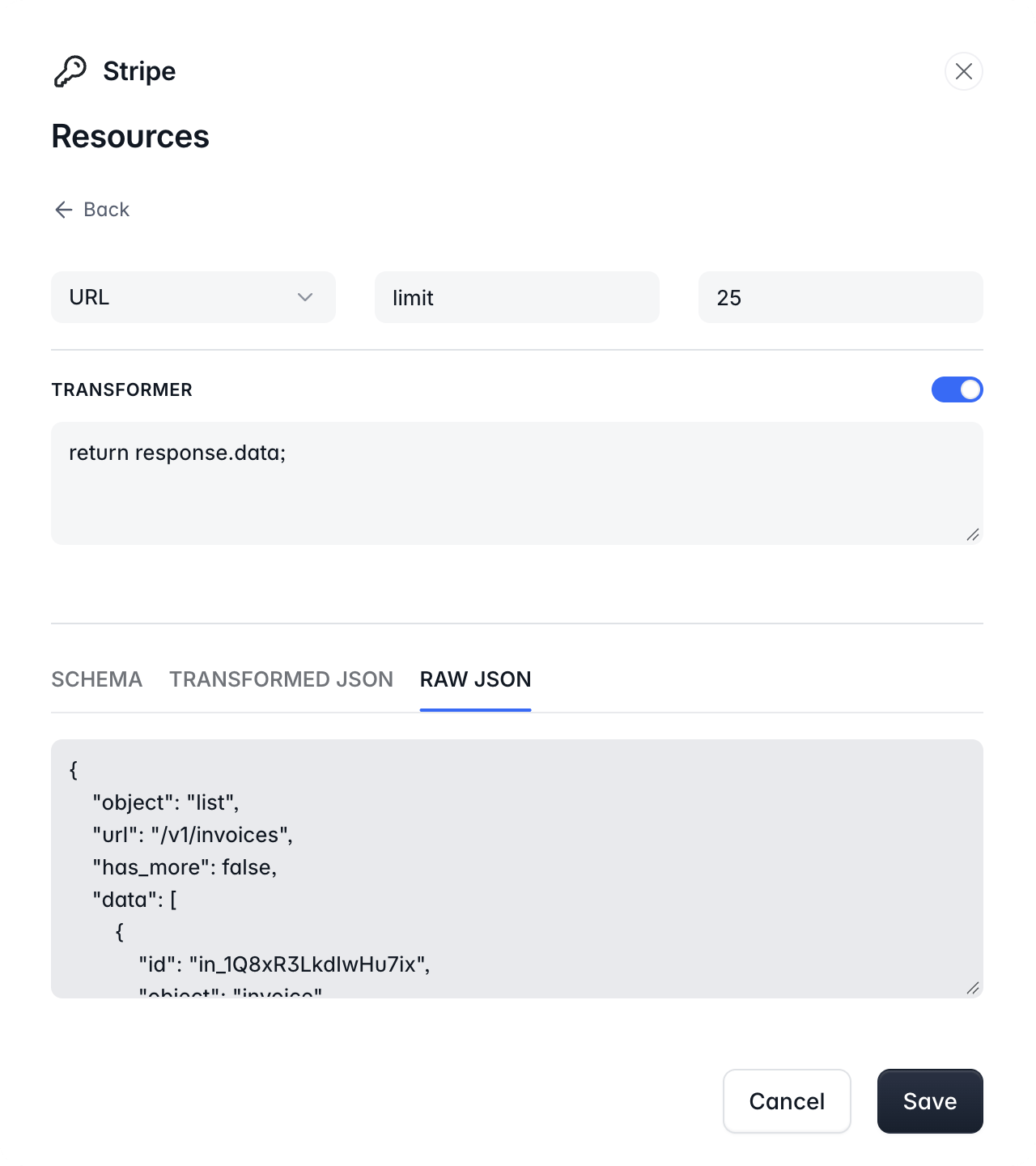 The Raw JSON tab with the full Stripe response