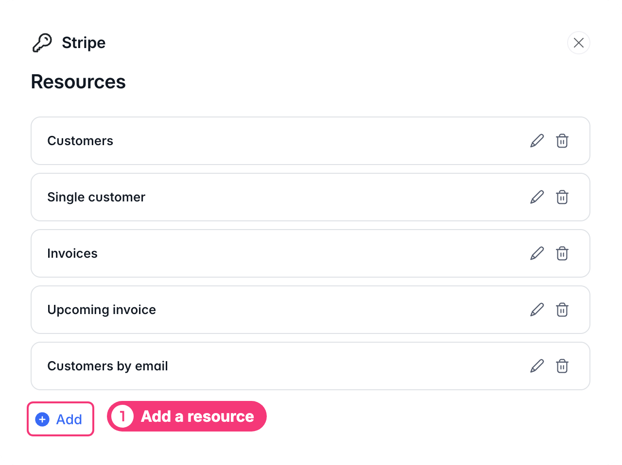 The Resources window of the Stripe integration, with five resources