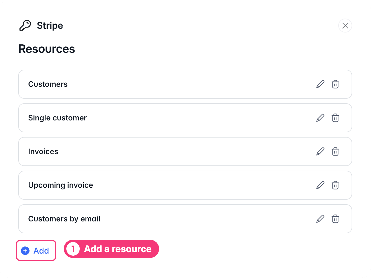 The Resources window of the Stripe integration, with five resources