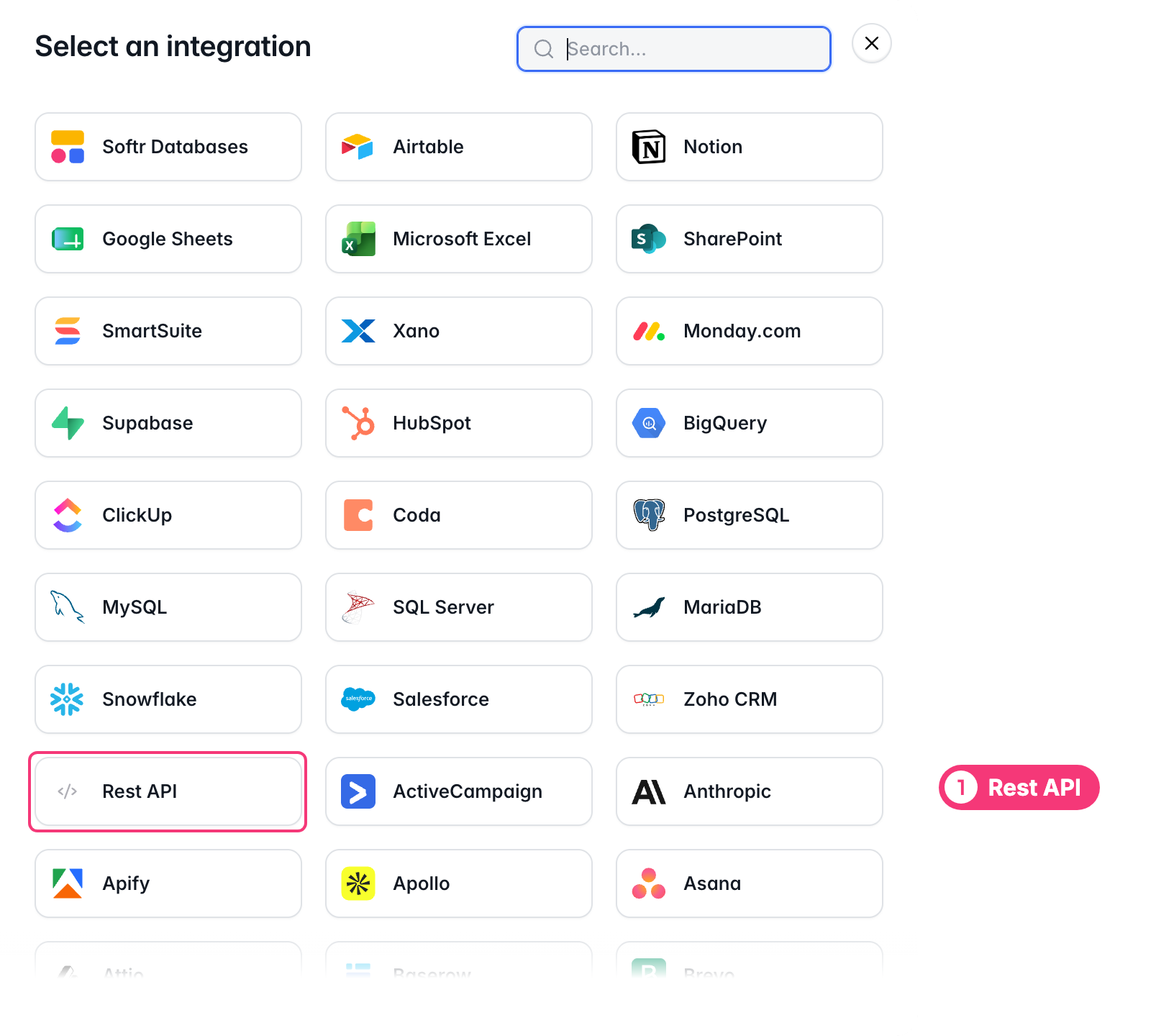 The Select an integration window, with Rest API selected