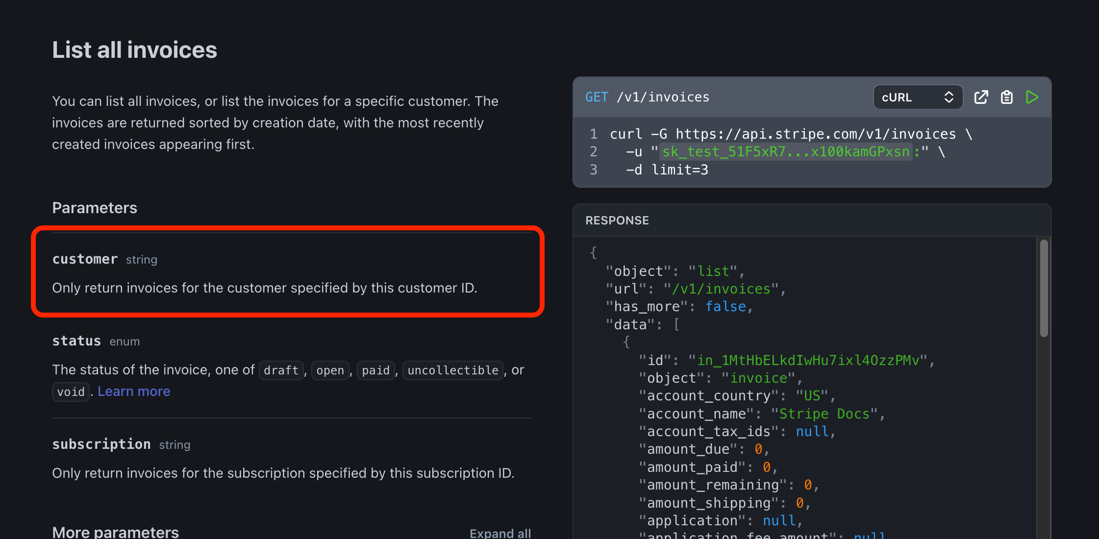 The customer parameter in the Stripe documentation for listing invoices