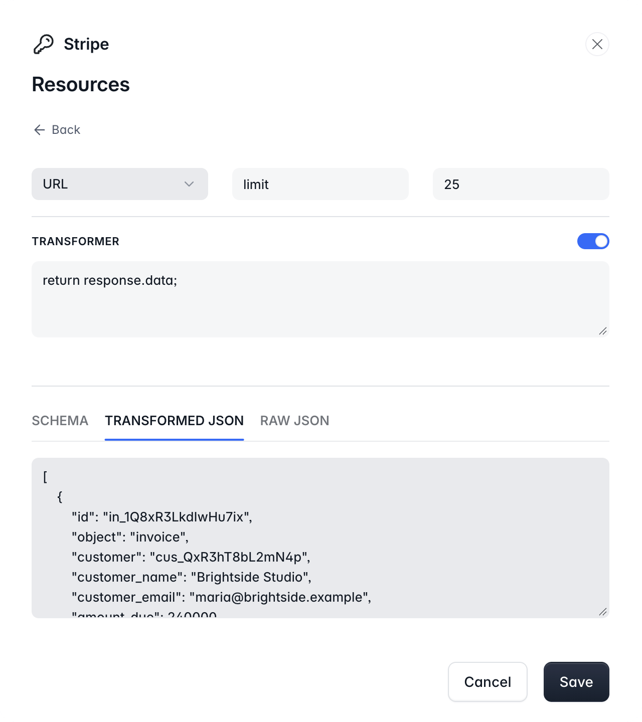 The Transformed JSON tab with the list of Stripe invoices