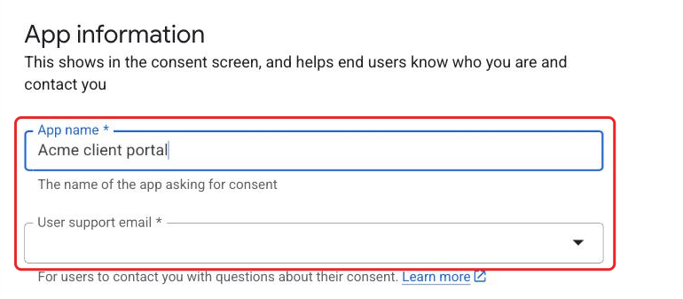 The App information section of the Branding page, with the app name and user support email fields outlined