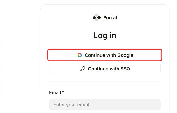 An app login page with Continue with Google above the SSO button and the email field