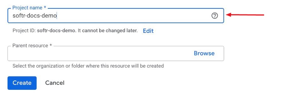 The New Project form with a project name filled in and the Create button below it