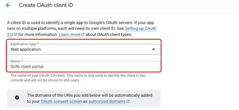 The Create OAuth client ID form with application type set to Web application and a client name entered