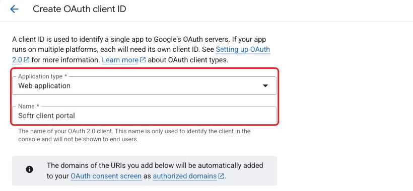 The Create OAuth client ID form with application type set to Web application and a client name entered