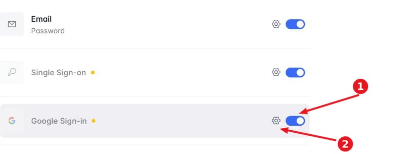 The Authentication method list with the Google Sign-in toggle switched on and its gear icon beside it