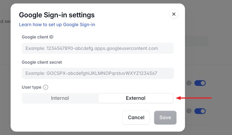 The same dialog with user type set to External and no email domains field beneath it