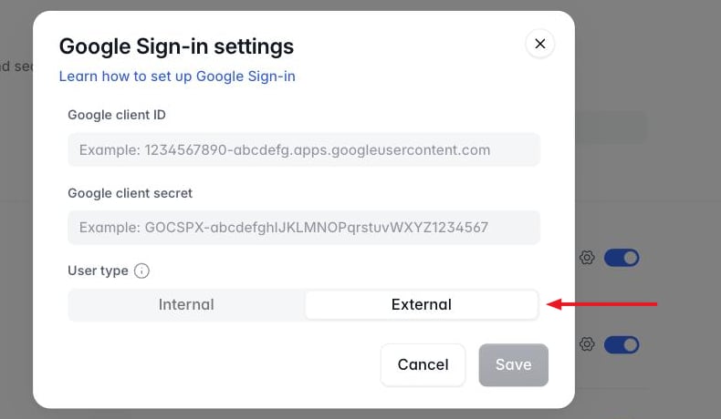The same dialog with user type set to External and no email domains field beneath it