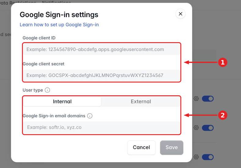 The Google Sign-in settings dialog showing the client ID and secret fields, the user type control, and the email domains field