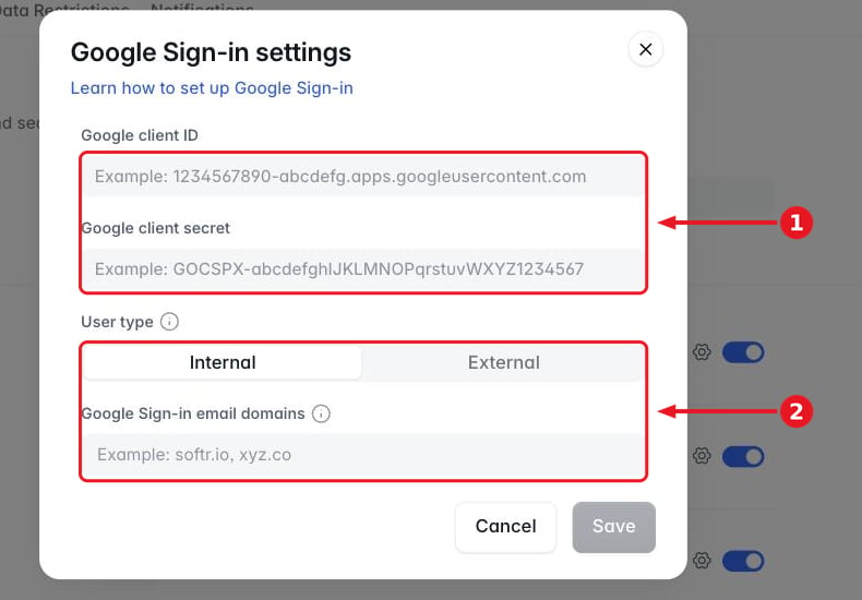 The Google Sign-in settings dialog showing the client ID and secret fields, the user type control, and the email domains field
