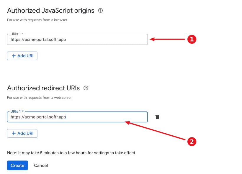 The two URI lists on the OAuth client form, each holding the app's URL