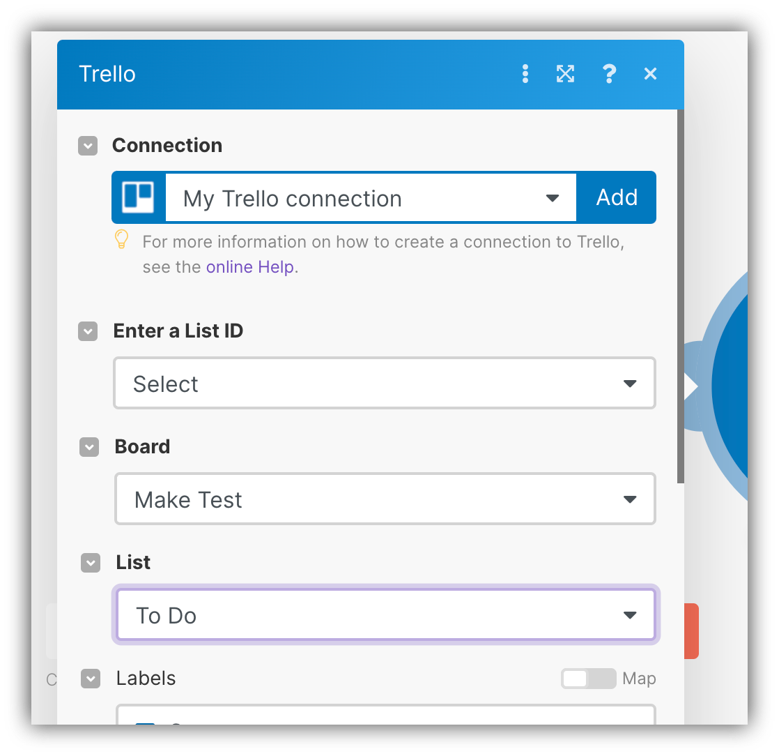 Connecting Trello account and board/list
