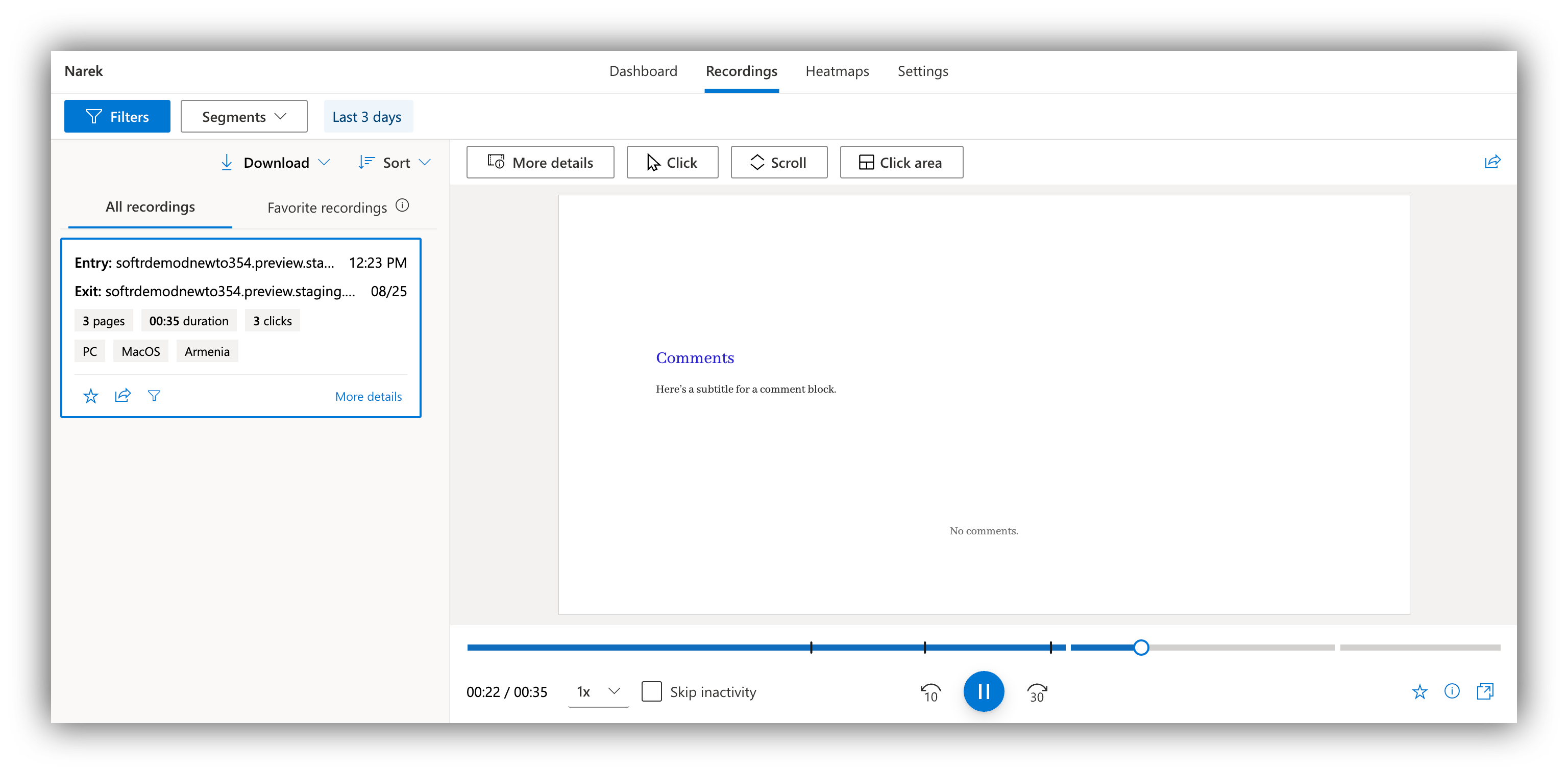 User session recording on Clarity
