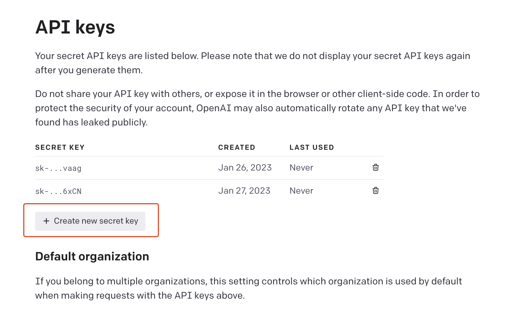 Create new secret key