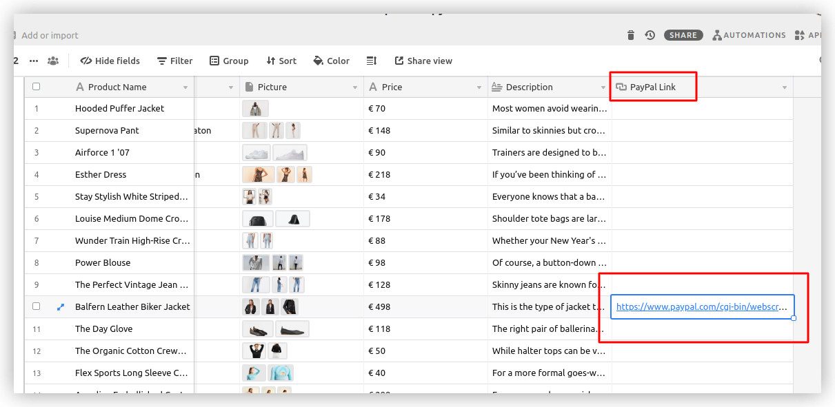 The “PayPal Link” field on Airtable