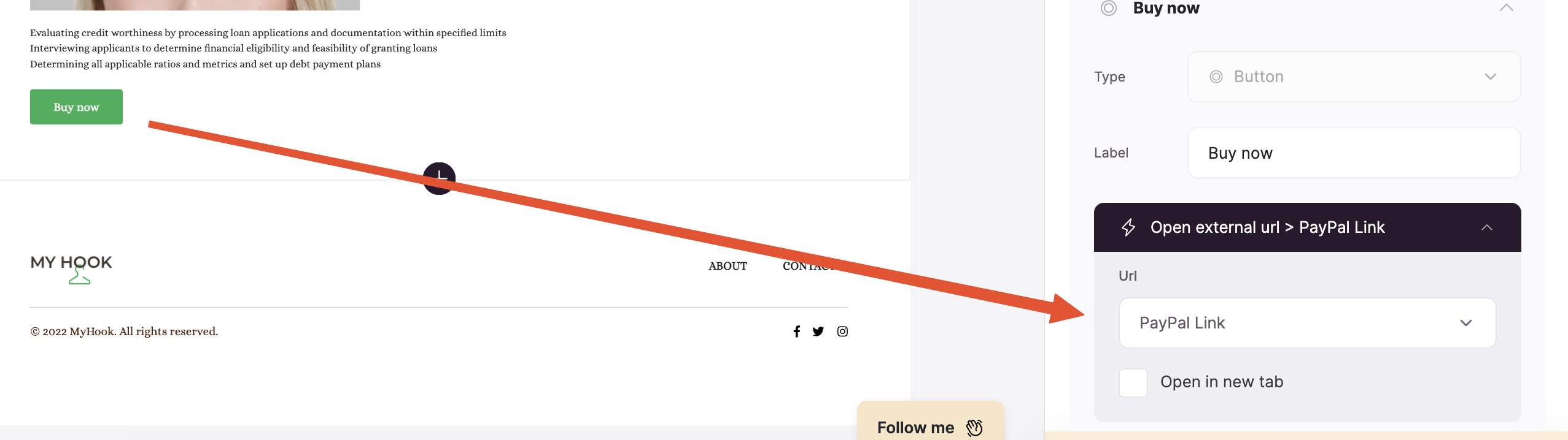 Setting the external URL to the PayPal link field