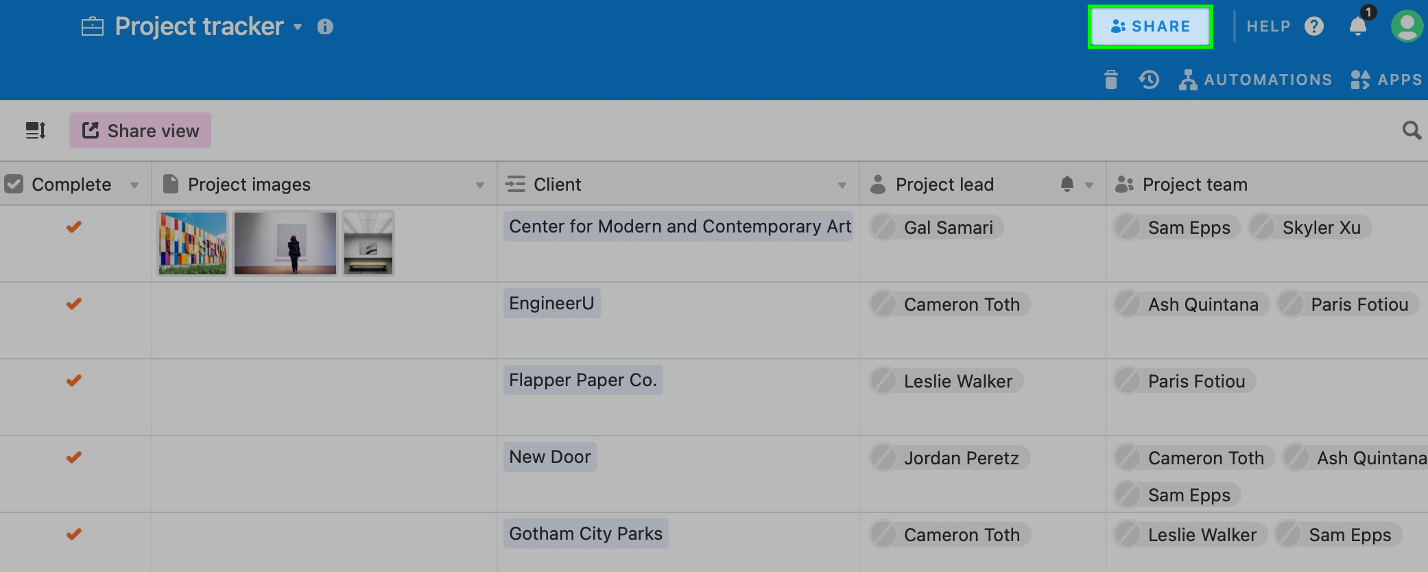 Share button opens editing of base permission in Airtable