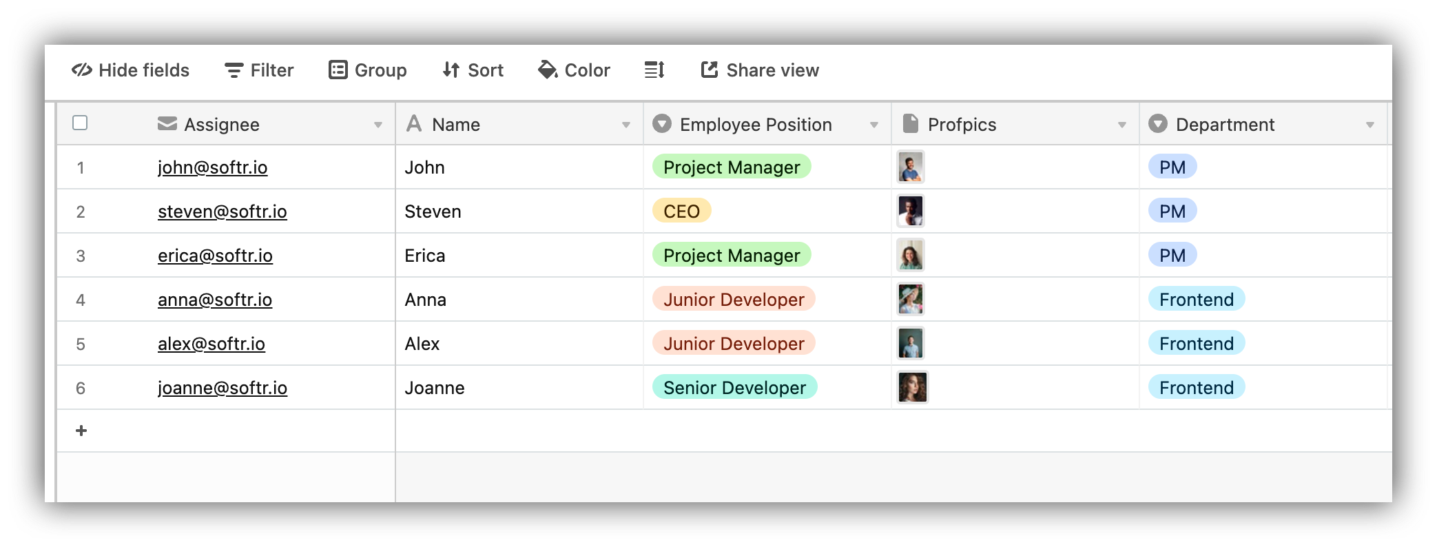 A list of employees in Airtable