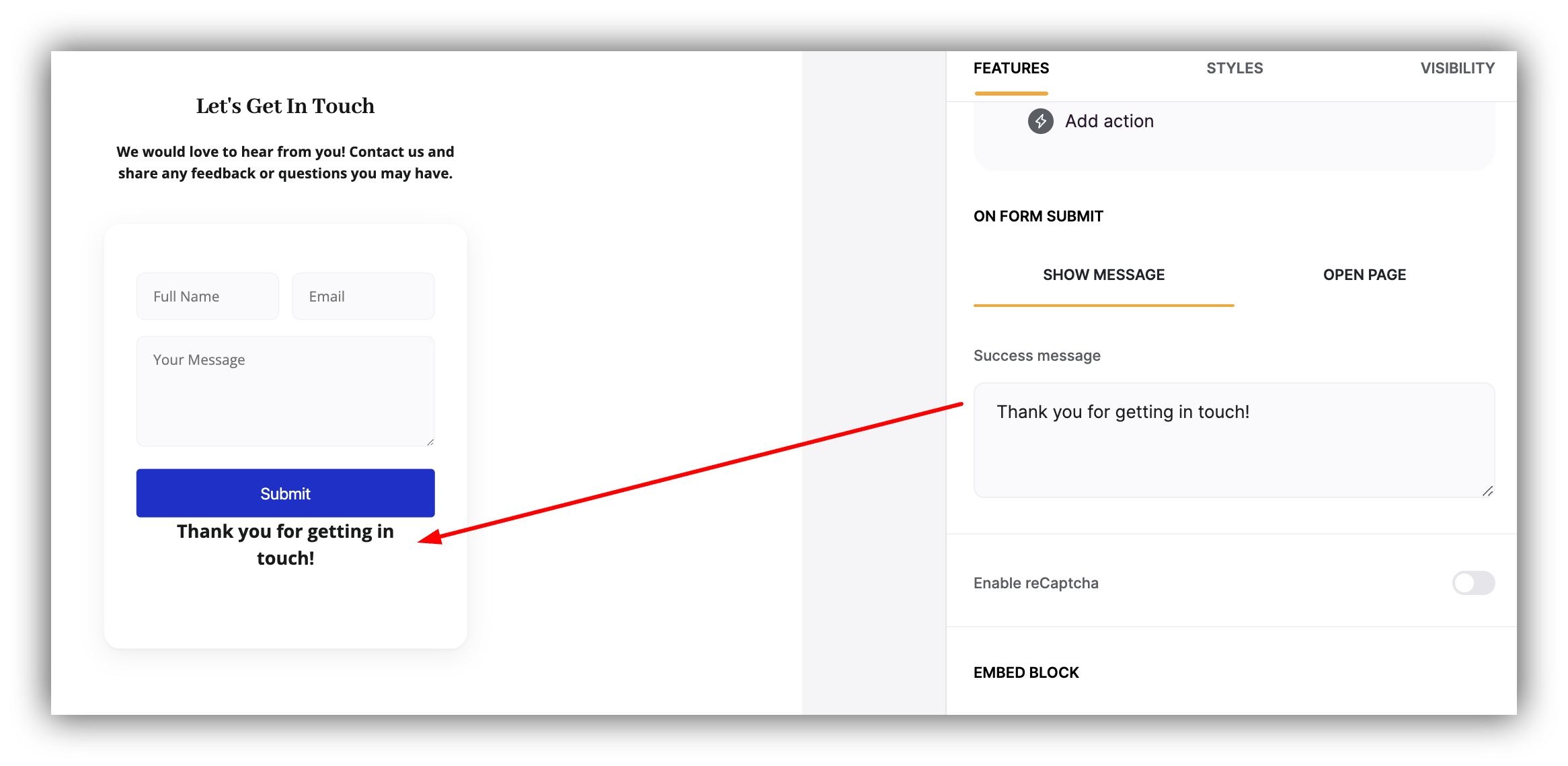 Configuring the success message