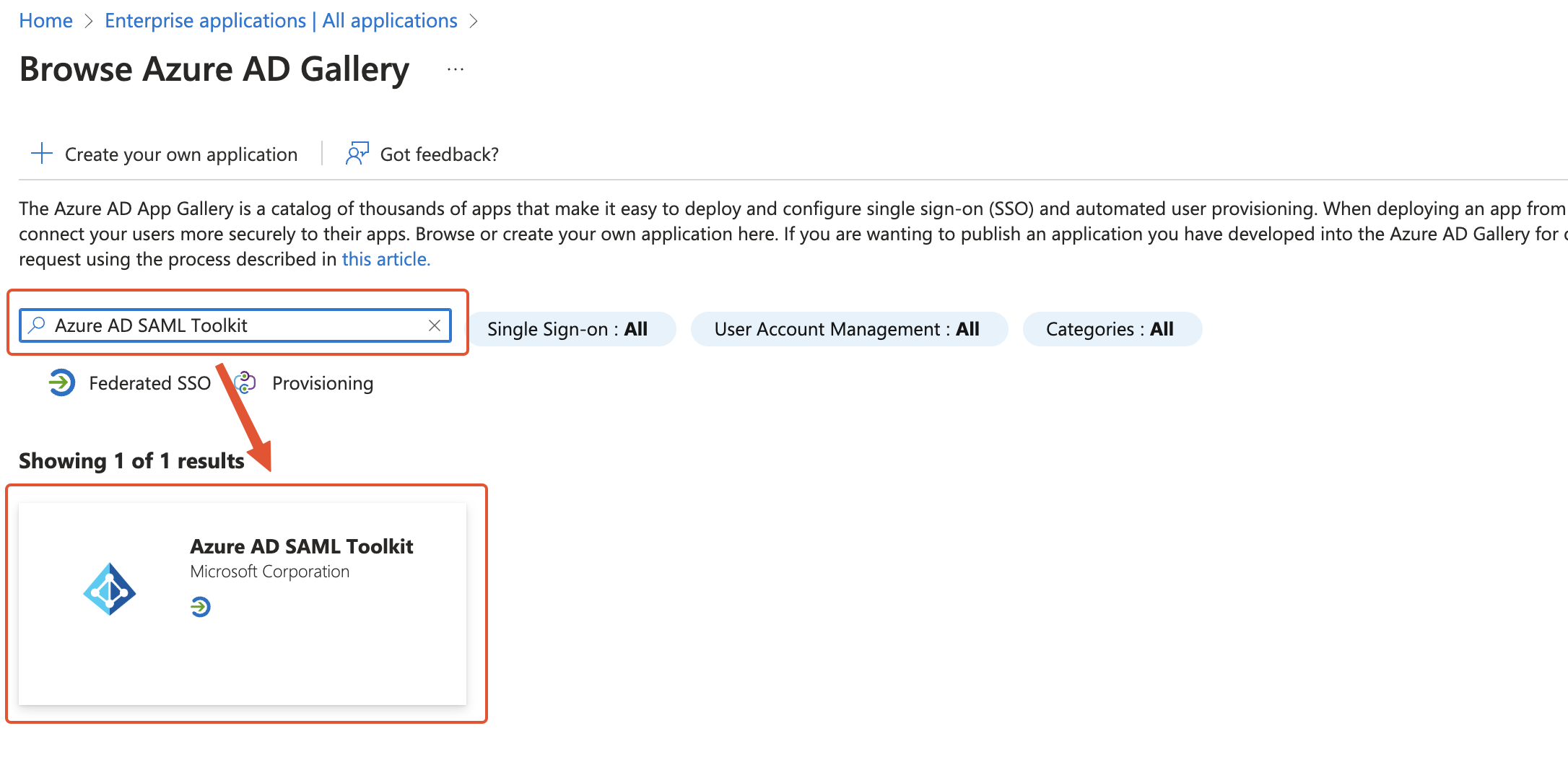 Locating “Azure AD SAML Toolkit”