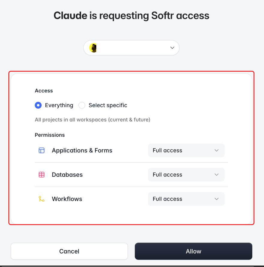 Softr authorization screen showing Access set to Everything and Full access on Applications & Forms, Databases and Workflows