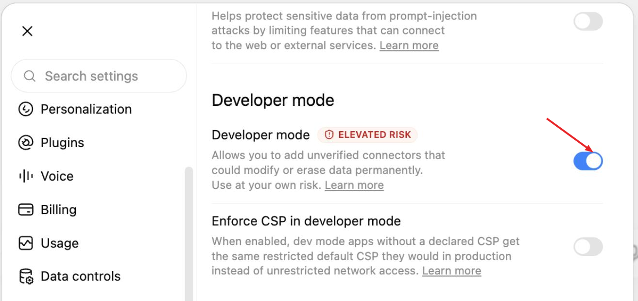 ChatGPT security and login settings with the Developer mode toggle switched on