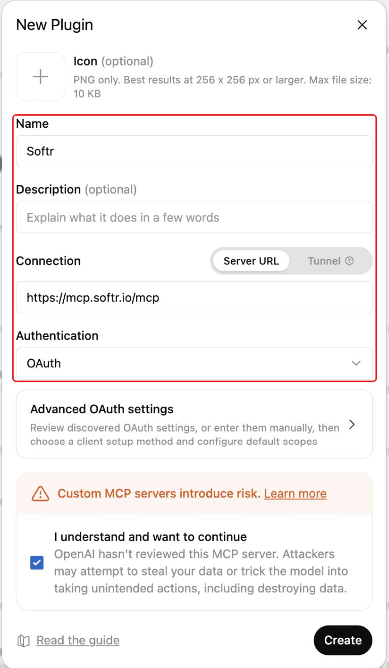 New Plugin dialog in ChatGPT with the name Softr, the MCP server URL and OAuth authentication