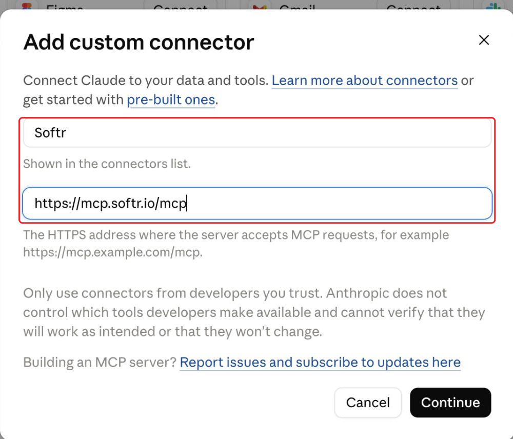 Add custom connector dialog in Claude with the name Softr and the MCP server URL entered