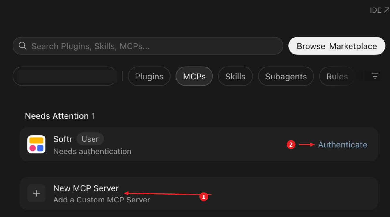 Cursor Customize MCPs tab with New MCP Server marked 1 and the Softr entry's Authenticate link marked 2